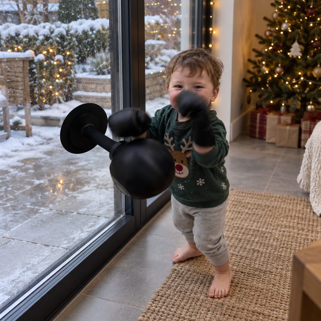 A boy training on a PUNXR speed bag stuck to a window